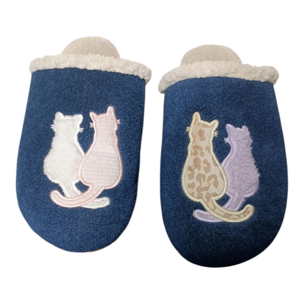 Lands End Slippers Womens 11 B Cats Slip On Lined Mules Clog Blue Faux Shearling